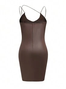 Flirla Váy dây đeo bất đối xứng cỡ lớn dành cho nữ - màu nâu - Xem 2