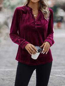SHEIN Clasi 帶條紋紋理的鈕扣開衫絨面襯衫,開叉領和荷葉邊設計 - 中紫紅色 - 查看 4