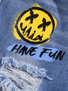 SHEIN Young Boy Letter Cartoon Print Distressed Denim Jeans - Dark Wash - View 4