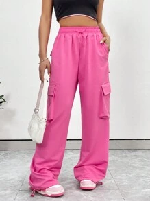 SHEIN Unity Multi-Pocket Casual Cargo Sweatpants - Pink - View 5