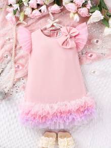 SHEIN Glamorique Kids Vestido De Malla Sin Mangas De Estilo Juvenil De Estilo Corto Con Detalle De Lazo Para Primavera Y Otoño