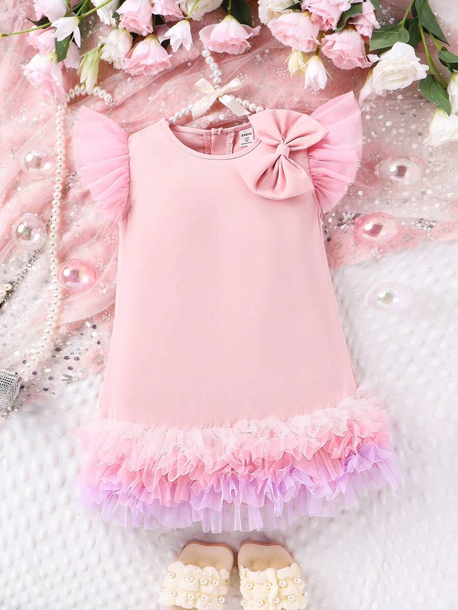 SHEIN Glamorique Kids Vestido De Malla Sin Mangas De Estilo Juvenil De Estilo Corto Con Detalle De Lazo Para Primavera Y Otoño