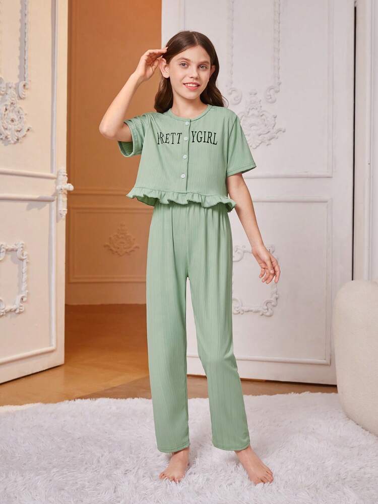 Tween Girls' Simple Green Loose Fit Short Sleeve Top With Button Detailing And Pants Set For Casual & Home Wear