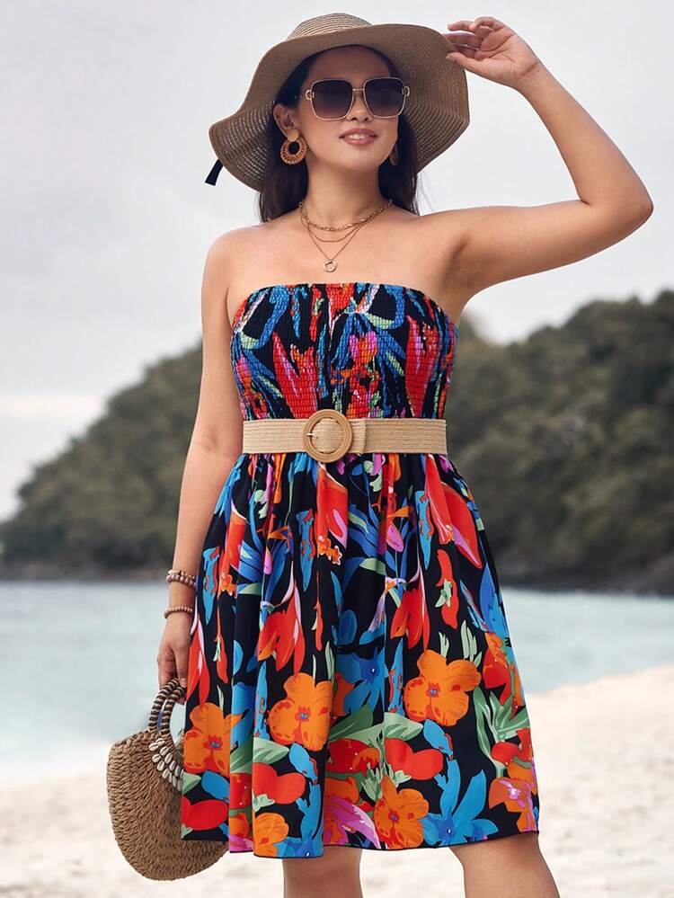 Floral Print Plus Size Strapless Dress