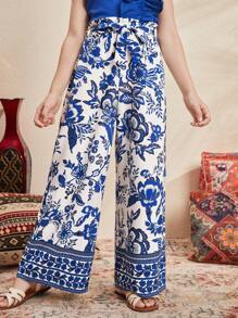 SHEIN Leap Crew Tween Girls' Loose Cute Belt Decor Elastic Waist Vacation Style Printed Wide Leg Pants - Blue and White - View 1