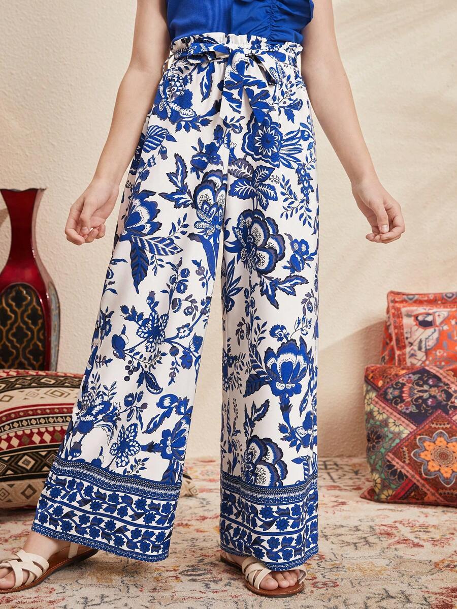 SHEIN Leap Crew Tween Girls' Loose Cute Belt Decor Elastic Waist Vacation Style Printed Wide Leg Pants - Blue and White - View 1