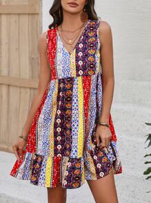 Breezaya 花卉印花v領無袖荷葉邊連衣裙 - 彩色 - 查看 1