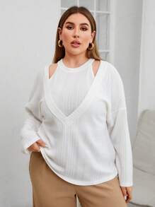 SHEIN Essnce Women'S Plus Size Rib-Knit Solid Color 2pcs/Set - White - View 1