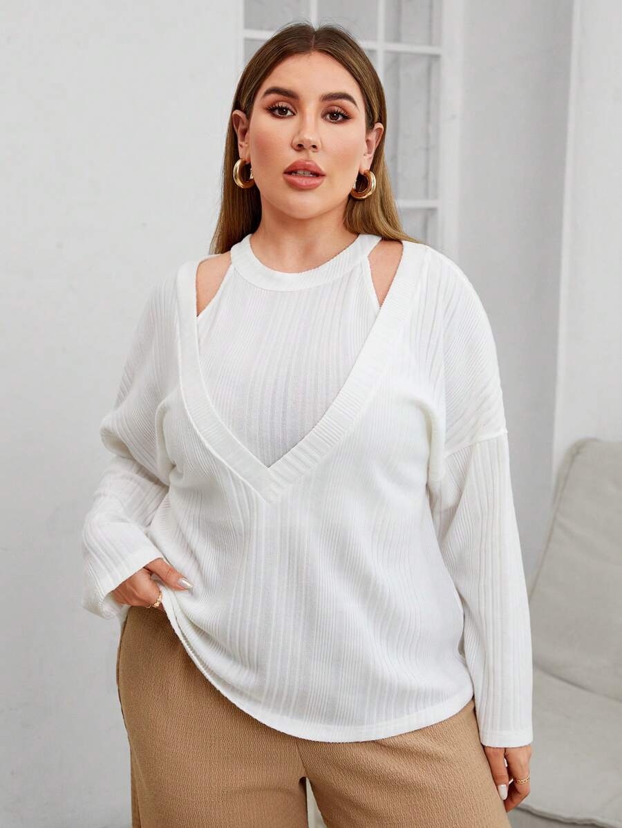 SHEIN Essnce Women'S Plus Size Rib-Knit Solid Color 2pcs/Set - White - View 1