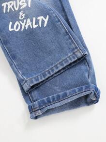 SHEIN Young Boy Letter Cartoon Print Distressed Denim Jeans - Dark Wash - View 5
