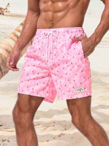Surfspeed Men's Sailboat Printed Drawstring Waist Beach Shorts - Pink - View 1