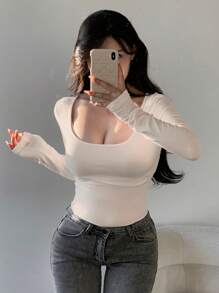 DAZY Ladies' Solid Color Long Sleeve T-Shirt,Fall Clothes - Apricot - View 4