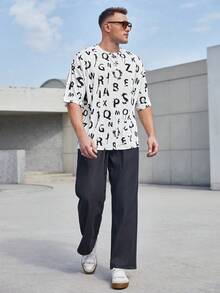 Manfinity Homme Nam Kích thước lớn Lá thư In Thả vai Áo thun - Đen và trắng - Xem 5