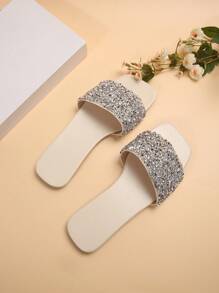 Sandalias De Moda Decoradas Con Piedras De Cristal Para Mujeres, Perfectas Para Los Atuendos De Verano, Diseño Antideslizante Y Con Punta Abierta - Plateado - Ver 5