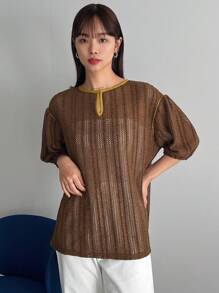 FRIFUL 棕色空心紋路泡泡袖t恤 - 棕色 - 查看 4