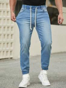 Manfinity Homme 男士彈性腰帶束口牛仔褲 - 藍色 - 查看 4