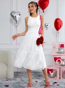 SHEIN Essnce Vrouwen Valentijnsdag Wit Casual Ronde hals Zonder mouwen Rucheszoom A-lijn jurk Voor Zomer