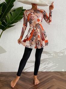 Swim Mulvari 女式長袖楝花印花泳裝，適用於婚禮 - 彩色 - 查看 1