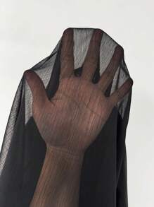 SHEIN Privé Women'S Black Shirt With V-Neckline, False Placket, Pleats, Diamond Button & Bell Sleeves - Black - View 6