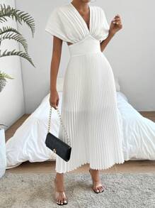 Firerie Deep V-Neck Hollow Out Back Ribbon Pleated Waist Dress - White - View 3