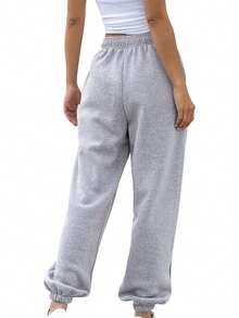 SHEIN EZwear 女性蒲公英印花束口腰休閒長褲 - 淺灰色 - 查看 2