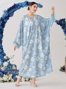 Al Najma Women's Fringed Sleeve Cuff Batwing Sleeve Dress With All-Over Floral Print