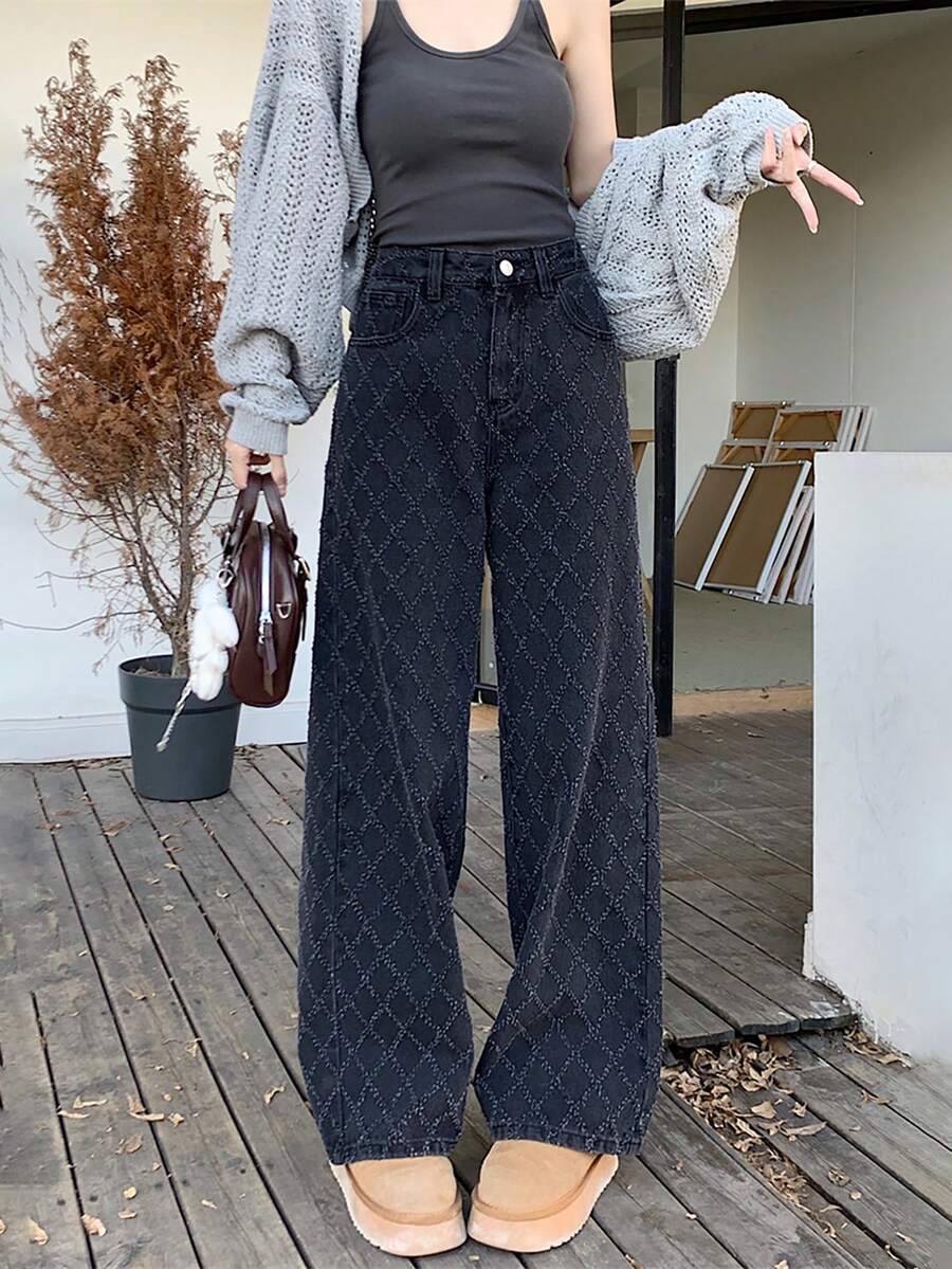 Pantalones Vaqueros Con Patrón Jacquard De Diamante - Negro - Ver 1