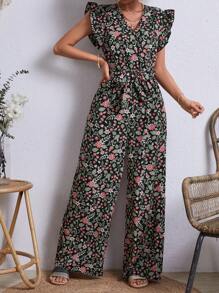 SHEIN VCAY 女款花卉印花荷葉邊寬褲連身褲 - 黑色 - 查看 4