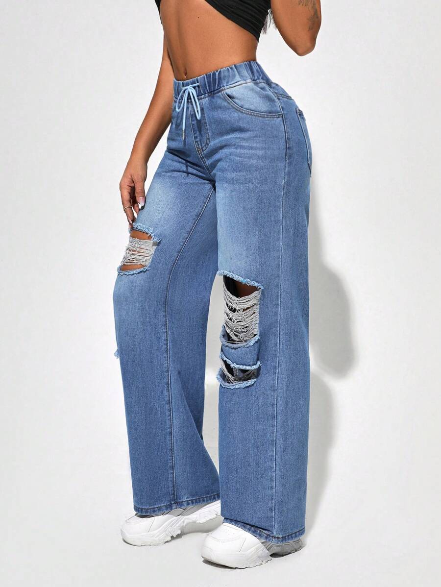 SHEIN SXY Drawstring Elastic Waist Ripped Straight Leg Jeans - Light Wash - View 1
