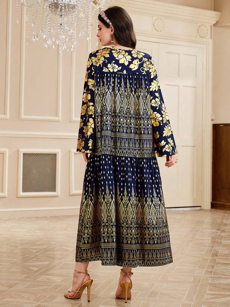 Women's Arabic Geo Print Dress With Gold Foil Detailing, Elegant Evening Party Kaftan Jalabiya Maxi Dress, Elegant Luxury Evening Party Style, For Gargee'an/Foundation Day/Festival