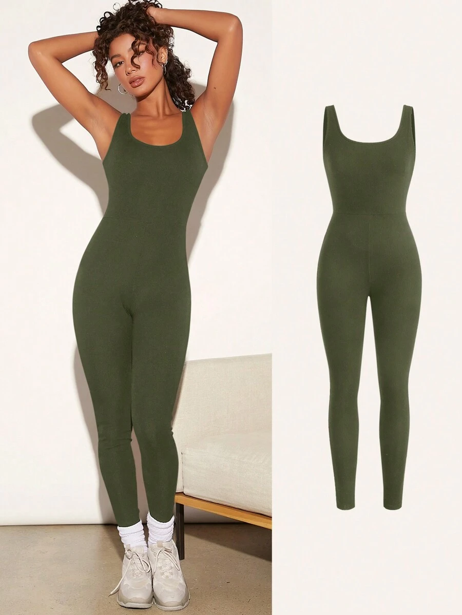 SHEIN BASICS Women'S Solid Color Tight Jumpsuit Unitard - Army Green - View 1