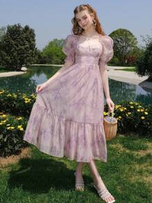 女士花卉印花方领荷叶边下摆连衣裙 - 紫色 - 查看 1