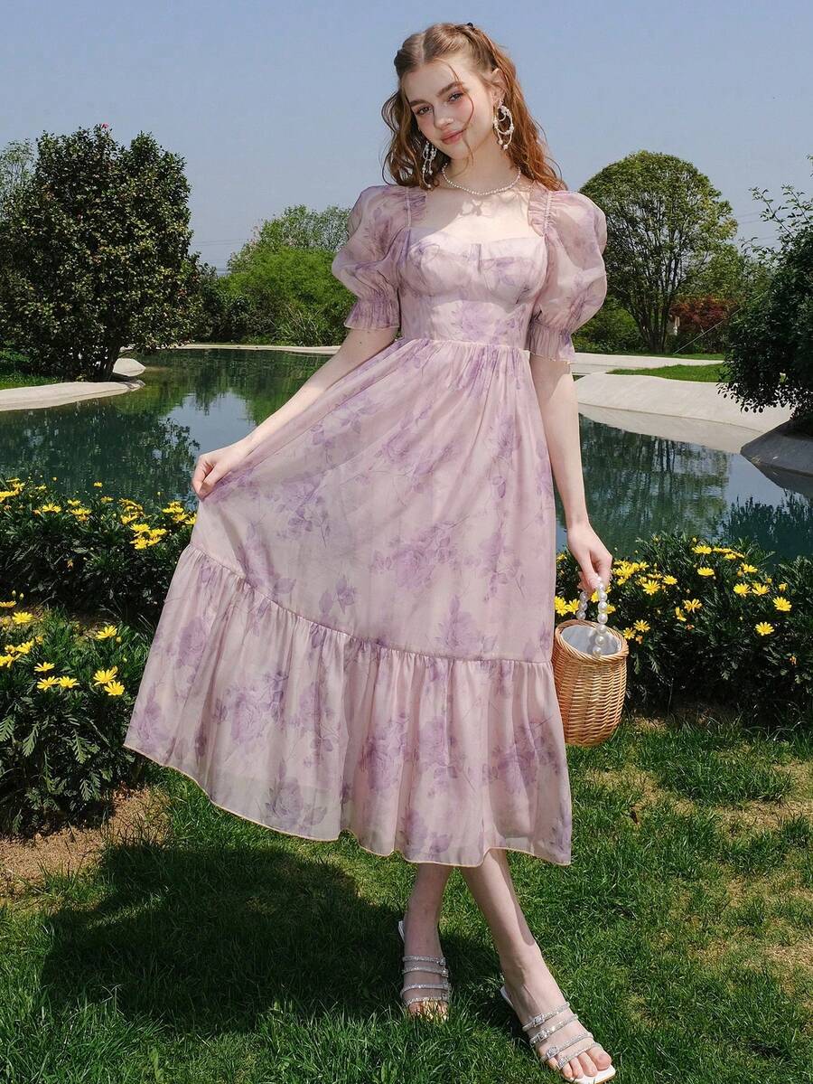 女士花卉印花方领荷叶边下摆连衣裙 - 紫色 - 查看 1