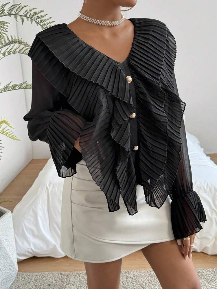 Women'S Black Shirt With V-Neckline, False Placket, Pleats, Diamond Button & Bell Sleeves