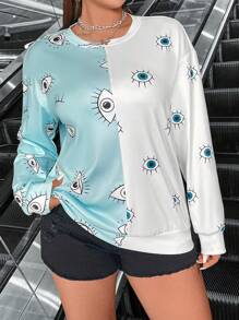 Flirla Áo nỉ cổ tròn in họa tiết mắt phối màu dành cho nữ cỡ lớn, thích hợp cho mùa thu. - Nhiều màu - Xem 2