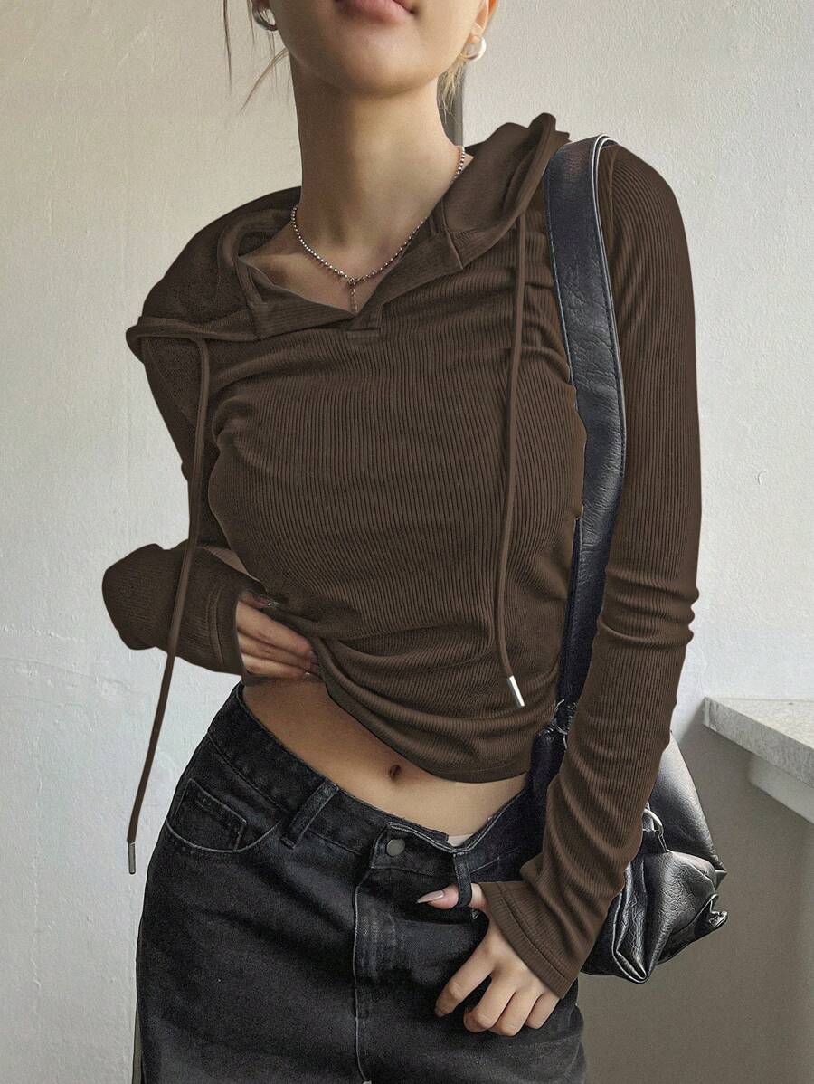 DAZY Women's Solid Color Drawstring Hooded Long Sleeve T-Shirt - Coffee Brown - View 1