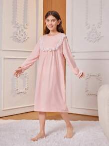 Tween Girl Simple Pink Cute Long Sleeve Long Lace-Bordered Sleep Dress With One Piece Home Wear