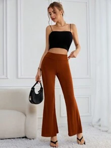 SHEIN Essnce Women's Casual Terracotta Color Fold Over Waist Flared Flared Low Rise Pants For Spring - Brown - View 1