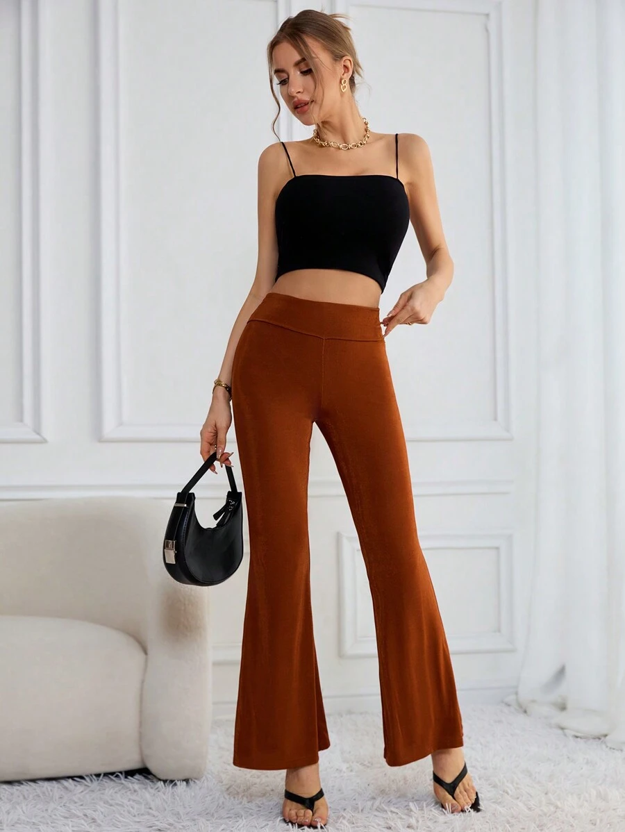 SHEIN Essnce Women's Casual Terracotta Color Fold Over Waist Flared Flared Low Rise Pants For Spring - Brown - View 1