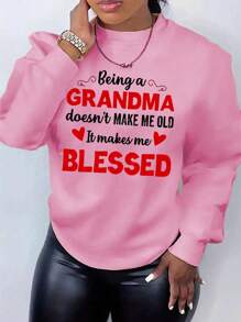 SHEIN EZwear Plus Size Women's Sweatshirt With Slogan Print And Round Neck - Pink - View 1