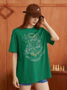 HARRY POTTER X SHEIN 卡通印花垂肩t恤 - 墨綠色 - 查看 1