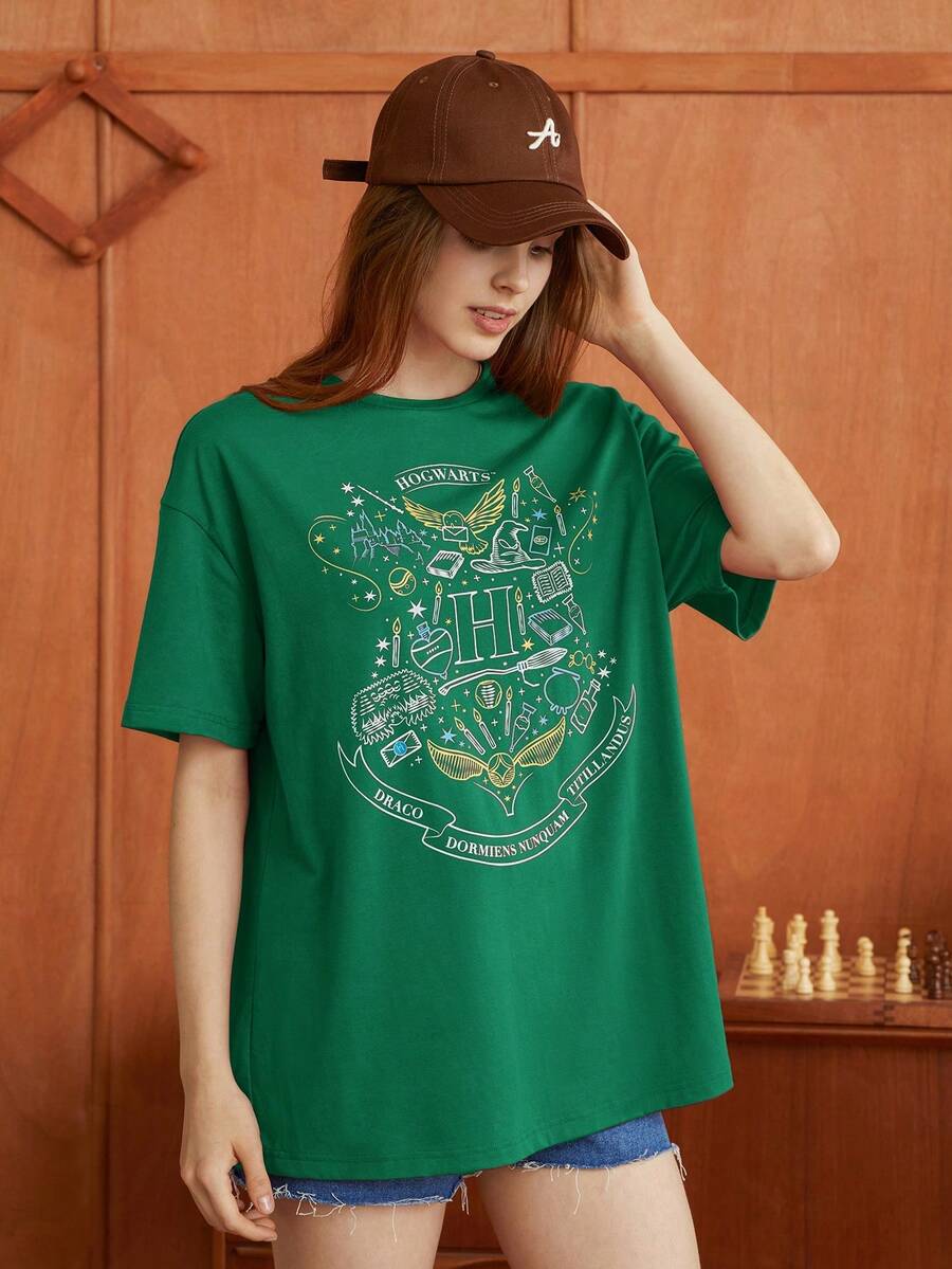 HARRY POTTER X SHEIN 卡通印花垂肩t恤 - 墨綠色 - 查看 1
