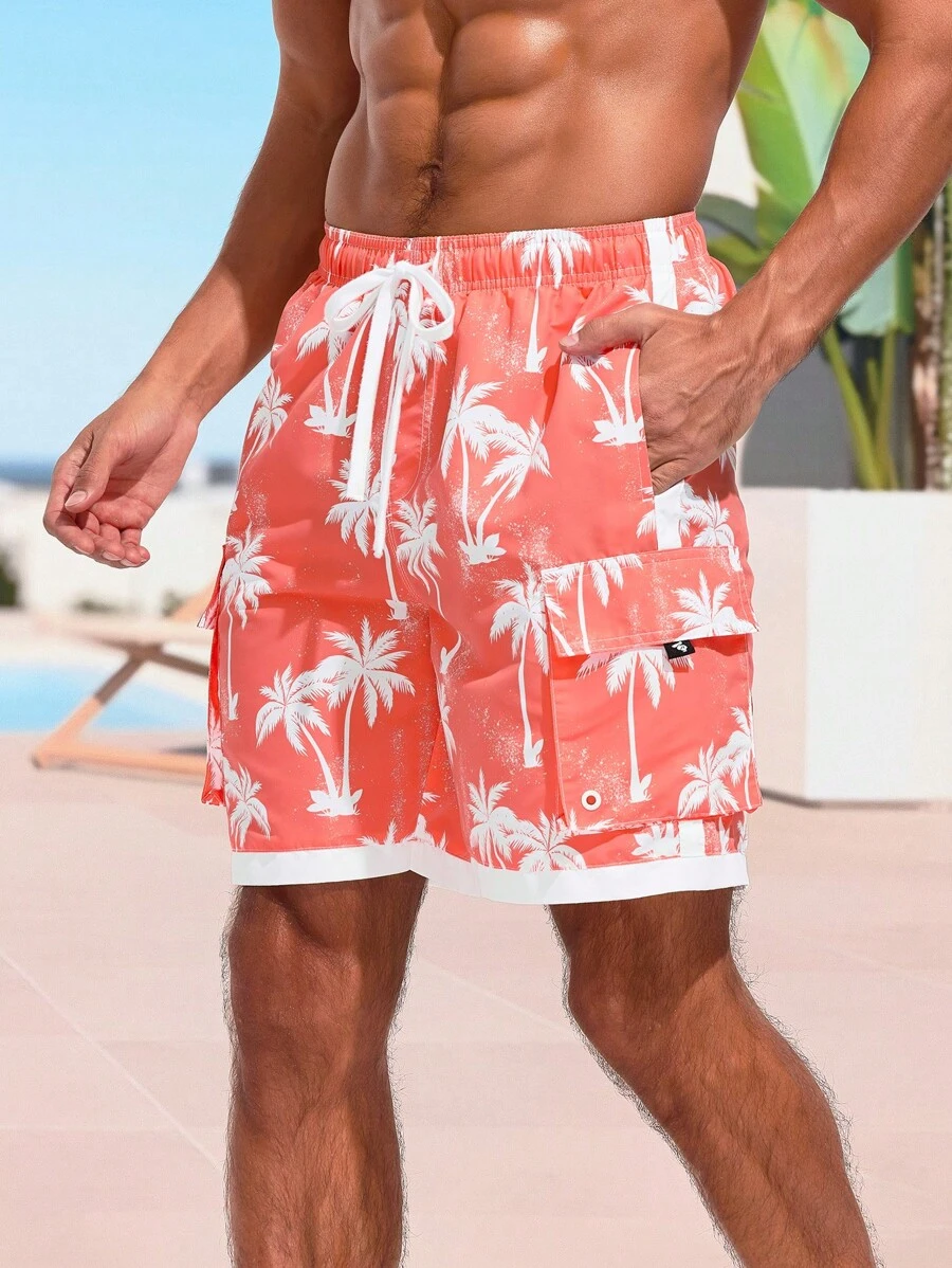 Surfspeed Men's Coconut Tree Print Beach Shorts - Orange - View 1