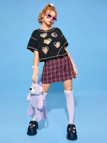SHEINNeu 女性心形印花狗貓圖案短袖黑色t恤 - 黑色 - 查看 5