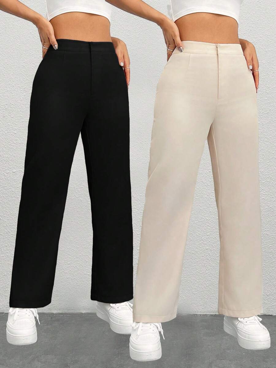 SHEIN PETITE Conjunto de dos piezas de pantalones de pierna recta de unicolor, para mujeres de talla pequeña - Multicolor - Ver 1