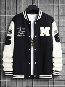 Aesthetic Post 寬鬆版型男士字母拼接條紋邊彩塊駝釦夾克 - 黑色 - 查看 1