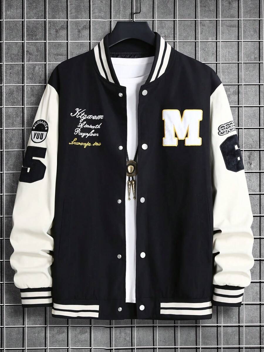 Aesthetic Post 寬鬆版型男士字母拼接條紋邊彩塊駝釦夾克 - 黑色 - 查看 1