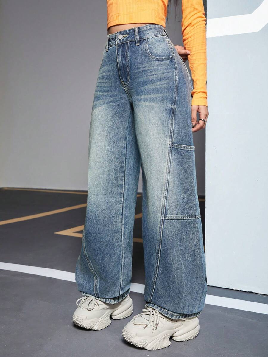 SHEIN EZwear 女式水洗直筒牛仔褲 - 深色水洗藍 - 查看 1