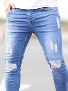 Manfinity Homme 男士修身破洞牛仔褲，貨物口袋純天藍色工作基本款丈夫款