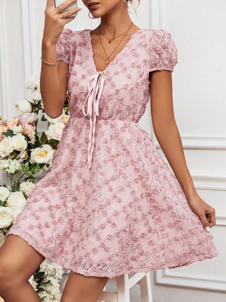 Women's 3d Flower Decor Front Tie Dress